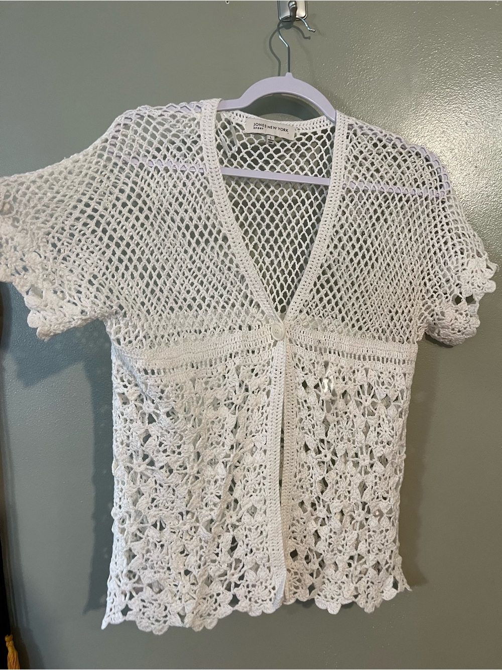 Jones New York White Crochet Openwork Cardigan Linen Blend Y2K New